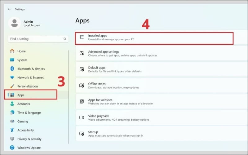 Điều hướng đến mục Apps > Installed apps