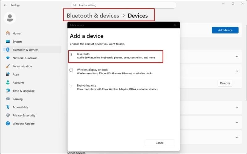 Chọn Bluetooth để laptop quét các thiết bị Bluetooth ở gần