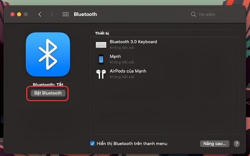 Bật Bluetooth để laptop tự động tìm kiếm các thiết bị xung quanh
