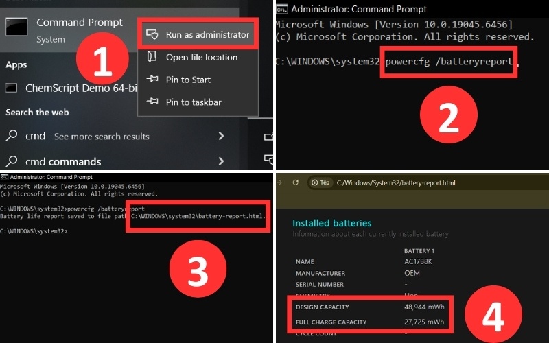 Kiểm tra độ chai pin laptop bằng lệnh Command Prompt