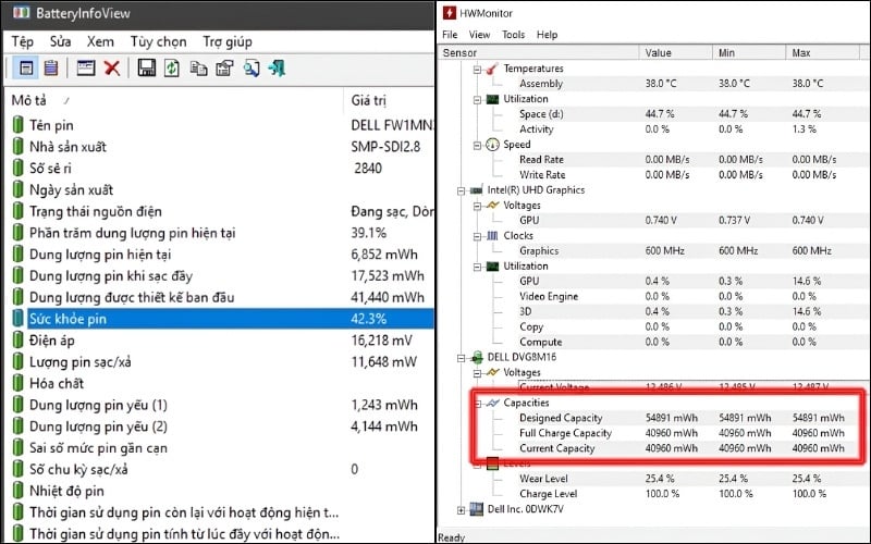 Kiểm tra độ chai pin laptop bằng BatteryInfoView hoặc HWMonitor