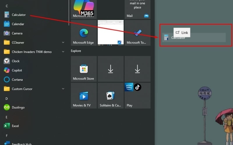 Kéo thả biểu tượng Calculator ra một vùng trống trên màn hình Desktop
