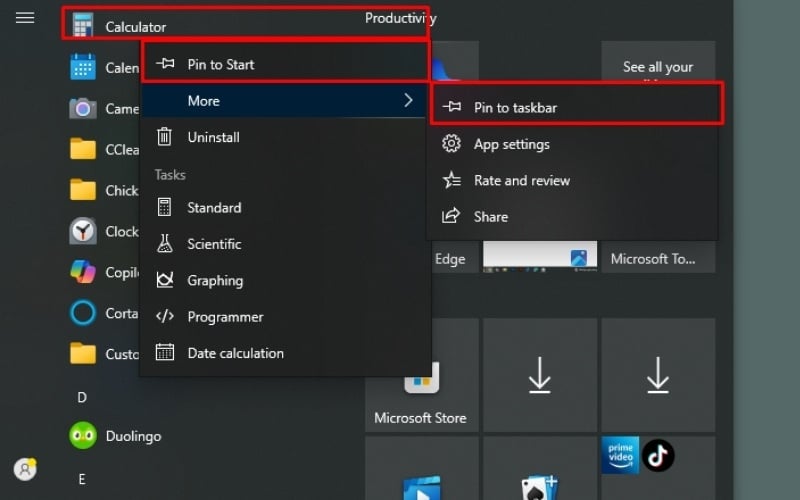 Ghim ứng dụng vào thanh Taskbar hoặc Start Menu