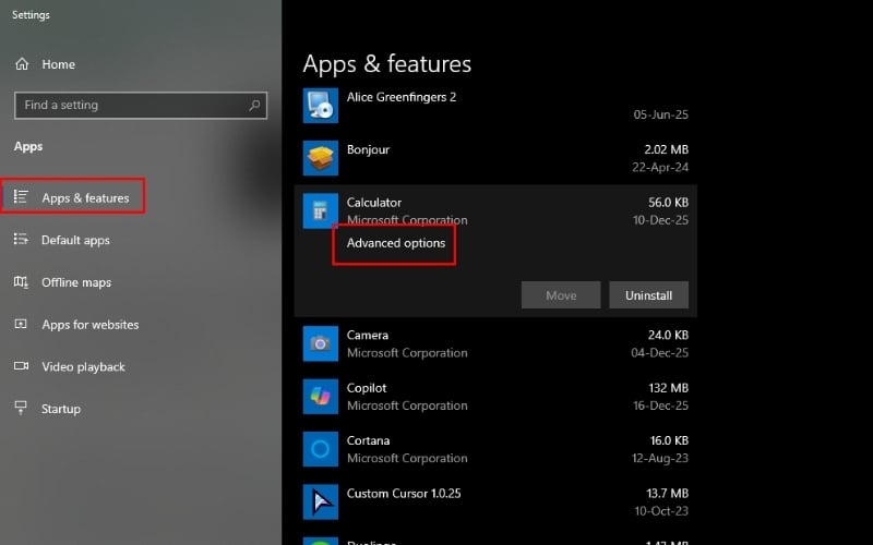 Tìm ứng dụng Calculator trong danh sách, nhấp chọn Advanced options