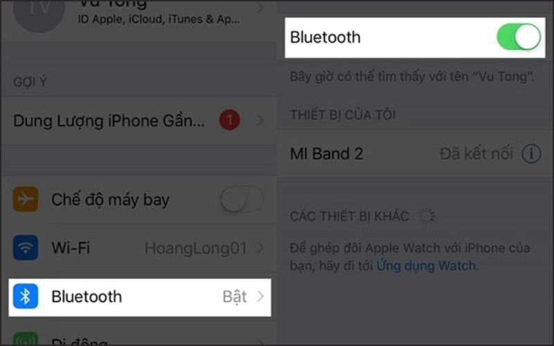 Chọn mục Bluetooth và gạt thanh trượt sang màu xanh để bật