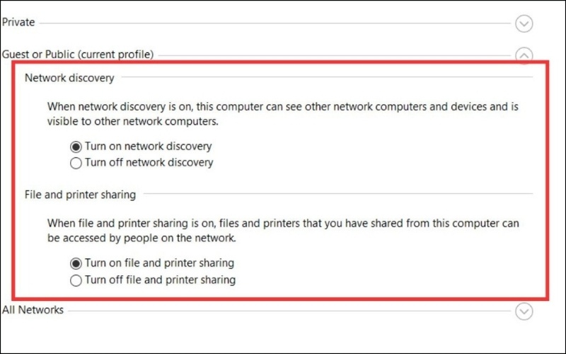 Bật hai mục là&nbsp;Network discovery&nbsp;và&nbsp;File and printer sharing