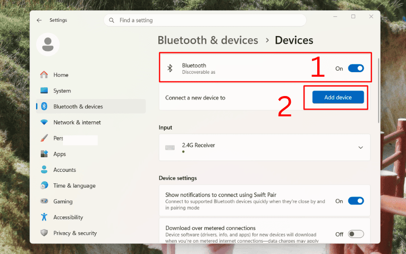 Bật công tắc Bluetooth sang On rồi chọn Add Device