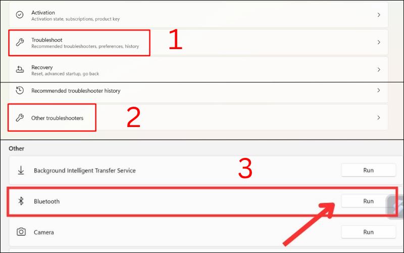 Mở Settings > System > Troubleshoot > Other Troubleshooters > Bluetooth > Run