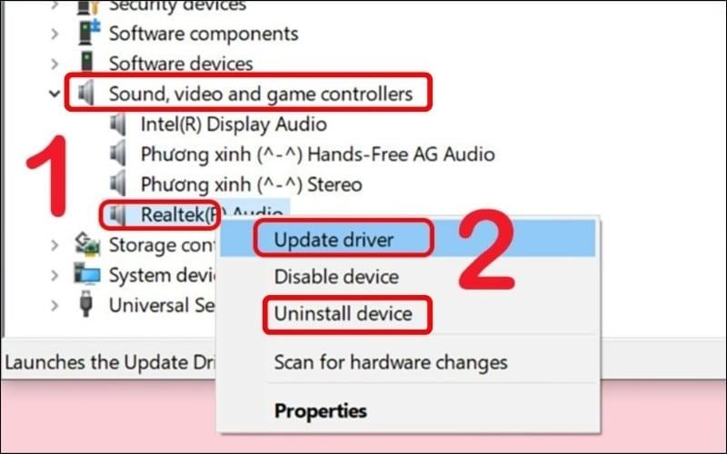 Click chuột phải vào driver âm thanh và chọn Update driver