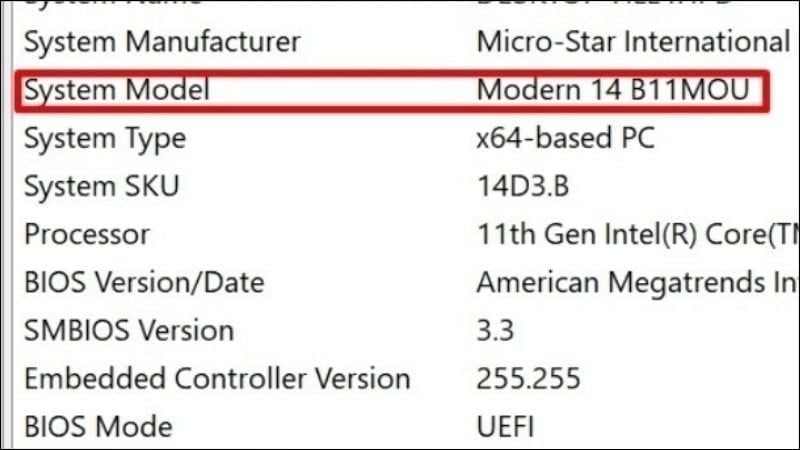 Tìm đến dòng System Model để ghi lại mã máy tính chính xác