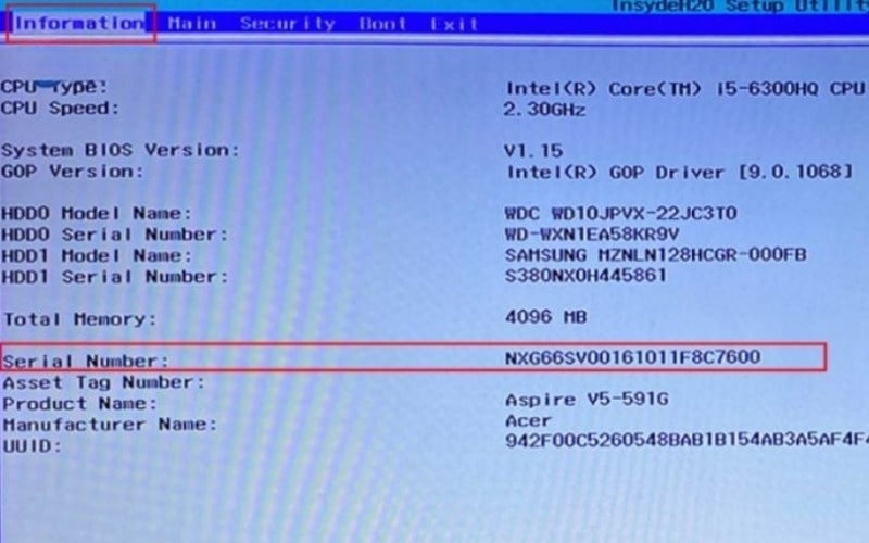 Kiểm tra đời máy Acer qua giao diện BIOS