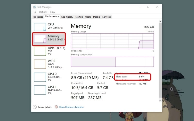 Mở Task Manager và quan sát thông số tại dòng Slots used