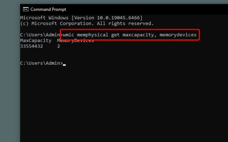 Sử dụng lệnh Command Prompt kiểm tra dung lượng tối đa laptop hỗ trợ