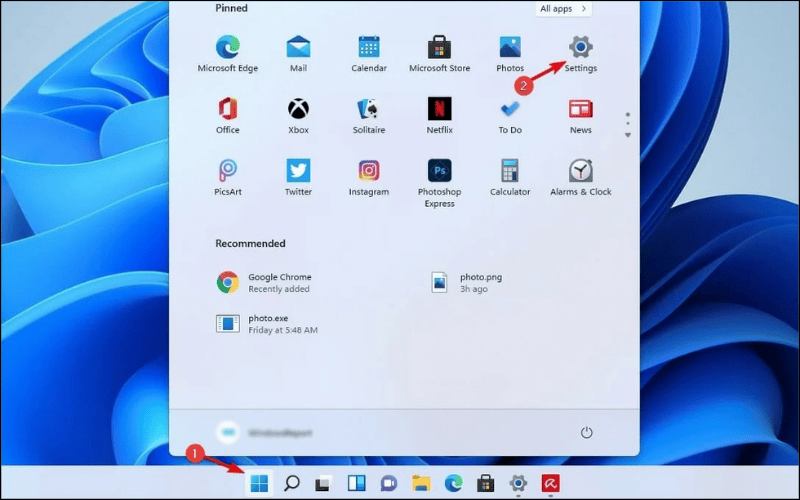 Truy cập Settings trong menu Start