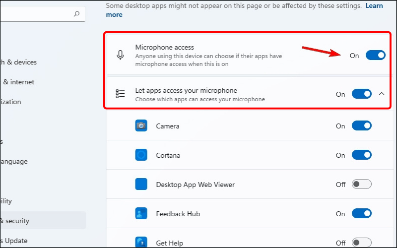 Gạt công tắc tại mục Microphone access sang trạng thái On