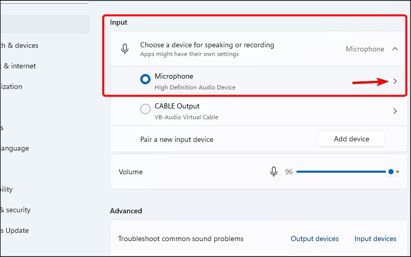 Nhấn vào mũi tên bên cạnh tên microphone để mở cửa sổ thuộc tính