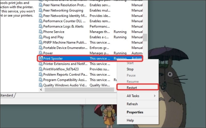 Nhấn chuột phải vào Print Spooler&nbsp;và chọn Restart