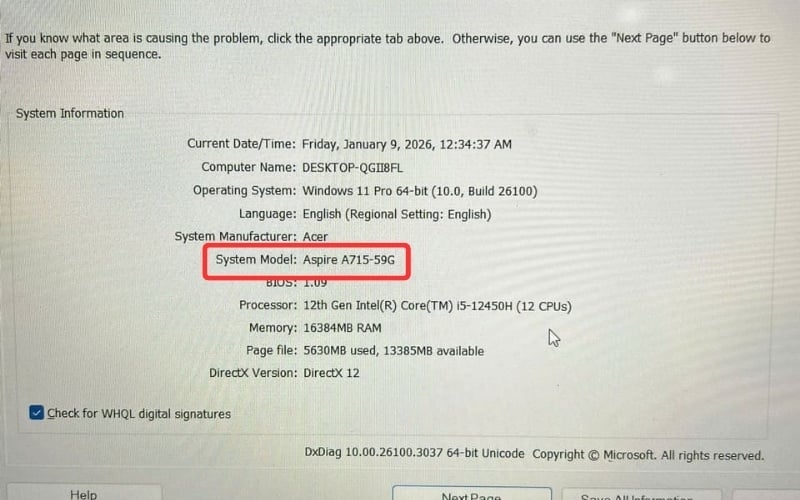 Nhìn vào mục System Model để xem tên model máy