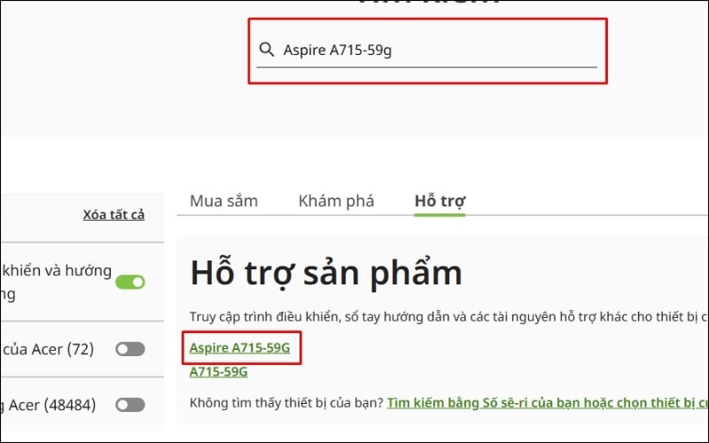 Nhập số SNID, Serial Number hoặc mã Model đã tìm được vào ô tìm kiếm