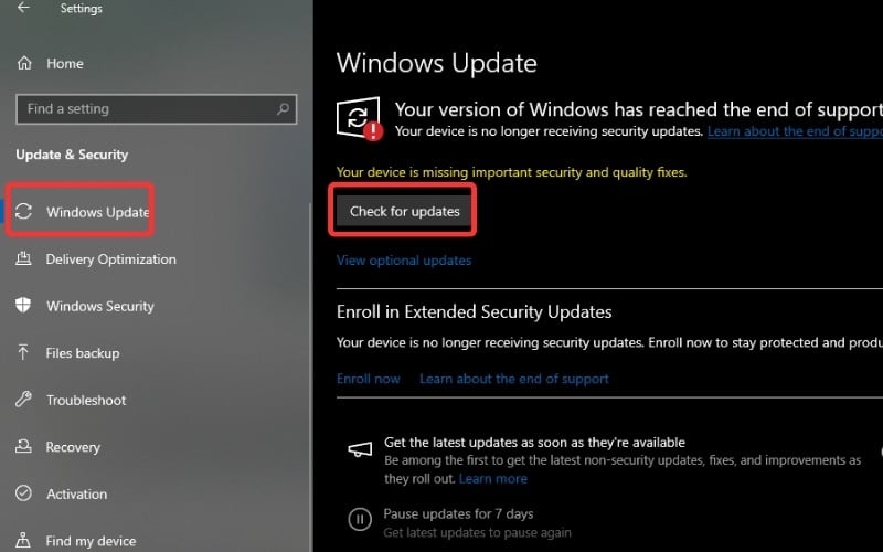 Trong menu bên trái chọn Windows Update&nbsp;> Nhấn Check for updates