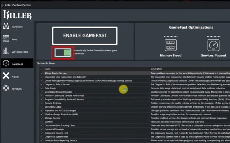 Bật tính năng GameFast bằng&nbsp;phần mềm&nbsp;Killer Control Center