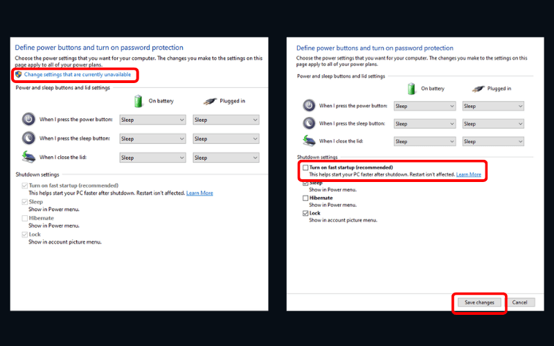 Bỏ tích tại ô Turn on fast startup (recommended)