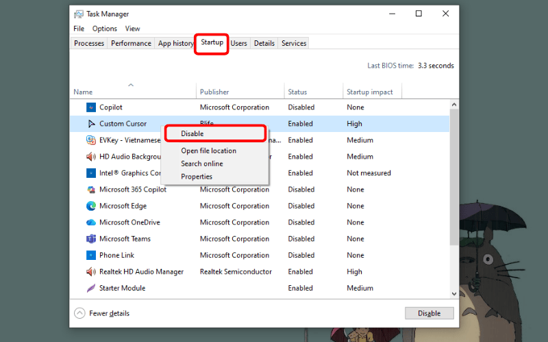 Chuột phải vào các ứng dụng có mức ảnh hưởng cao&nbsp;và chọn Disable