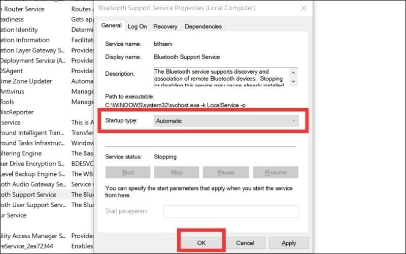Chọn Automatic trong mục Startup type rồi nhấn OK