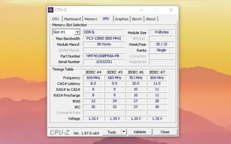Kiểm tra chi tiết các khe&nbsp;cắm RAM tại tab SPD trong phần mềm CPU-Z