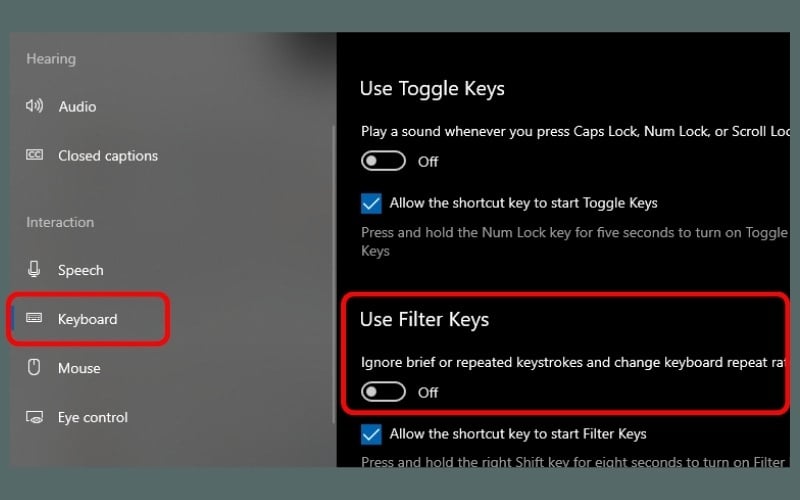 Tại dòng Filter Keys, hãy đảm bảo công tắc đang ở trạng thái Off