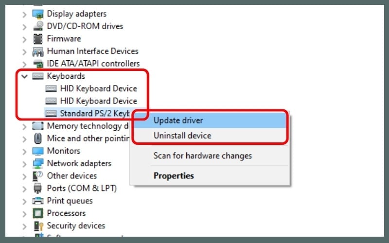 Nhấn chuột phải vào tên bàn phím của bạn và chọn Update hoặc Uninstall