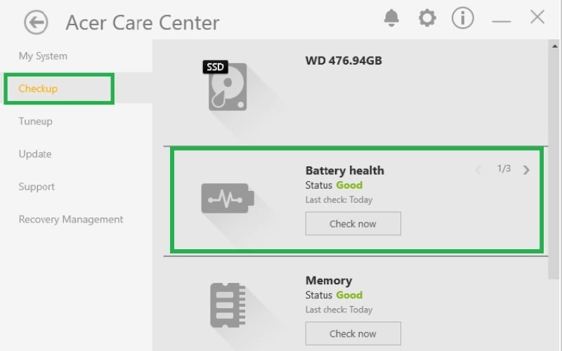 Tìm tab Battery Health và nhấn vào biểu tượng mũi tên