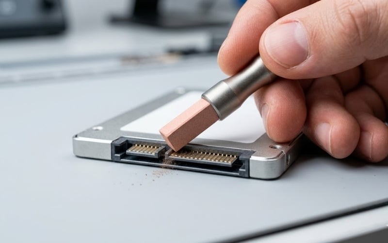 Vệ sinh nhẹ nhàng&nbsp;chân đồng của SSD SATA bằng gôm chuyên dụng