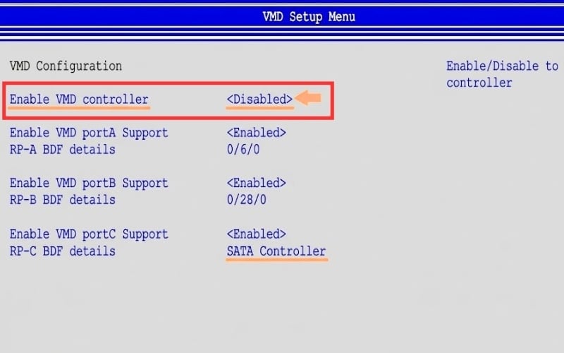 Chuyển Enable VMD Controller sang trạng thái Disabled
