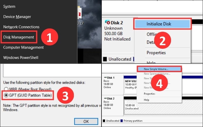 Khởi tạo SSD bằng cách chọn New Simple trong Disk Management