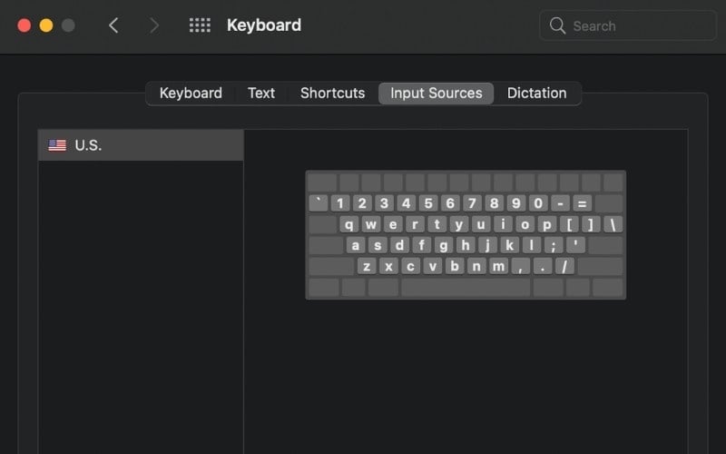 Trong danh sách Input Sources, hãy đảm bảo chỉ có layout U.S. được chọn