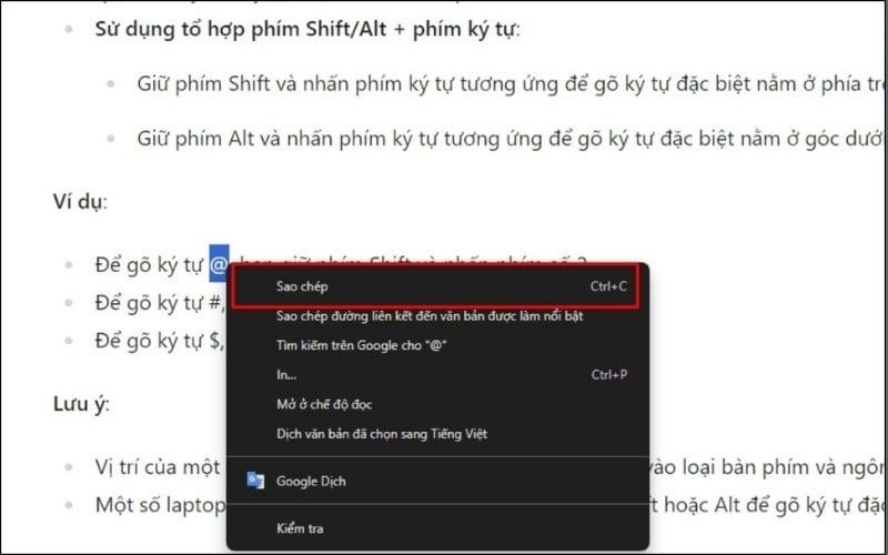 Sao chép và dán ký tự a còng