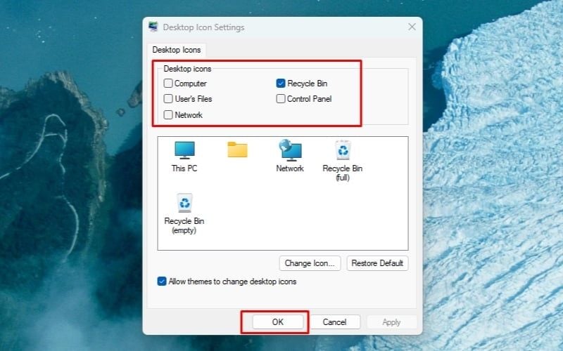 Bỏ tích ở các ô ứng dụng hệ thống rồi nhấn OK