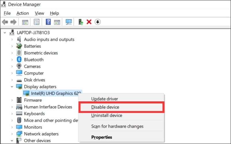 Chọn Disable device tại card đồ họa tích hợp
