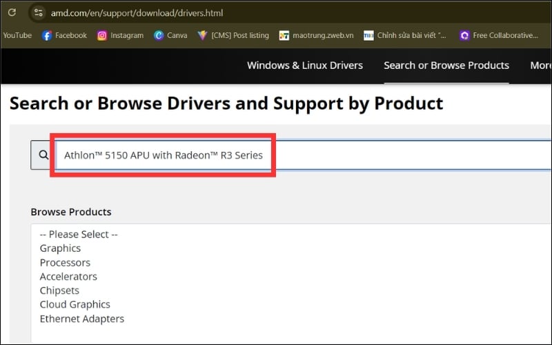 Nhập tên model card màn hình vào ô tìm kiếm