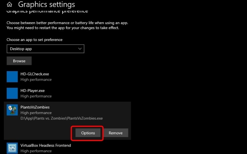 Chọn Options trong danh sách ứng dụng