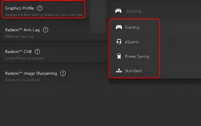 Chọn Gaming hoặc eSports trong phần Graphics Profile
