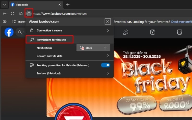 Chọn mục Quyền cho trang web này (Permissions for this site)