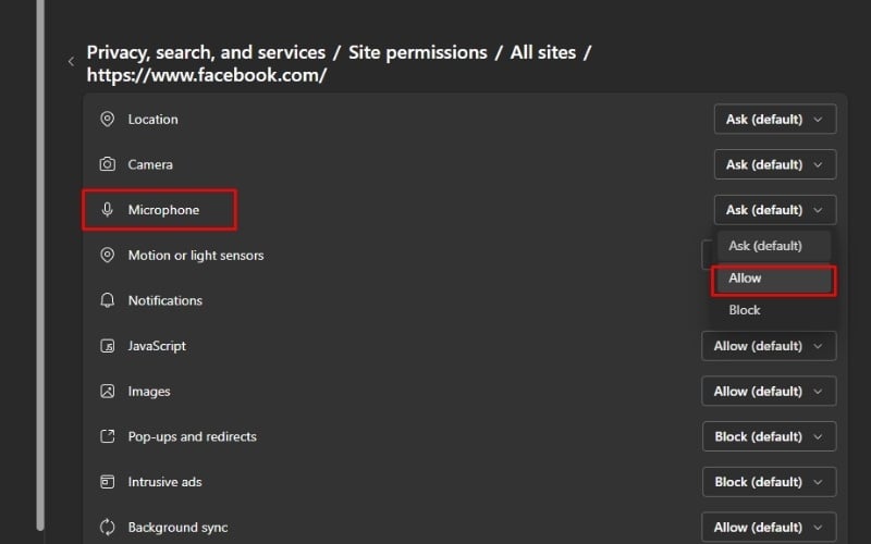 Tìm đến dòng Micro (Microphone) >&nbsp;Chọn Cho phép (Allow)