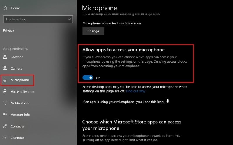 Đảm bảo mục Microphone access&nbsp;đang ở trạng thái On