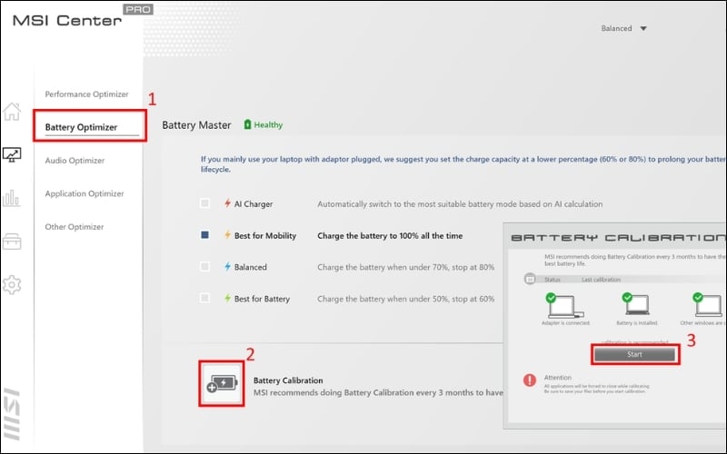 Cách giới hạn sạc pin laptop MSI bằng MSI Center hoặc Dragon Center