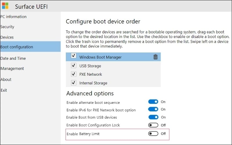 Cách giới hạn sạc pin laptop Microsoft Surface bằng UEFI hoặc ứng dụng Surface