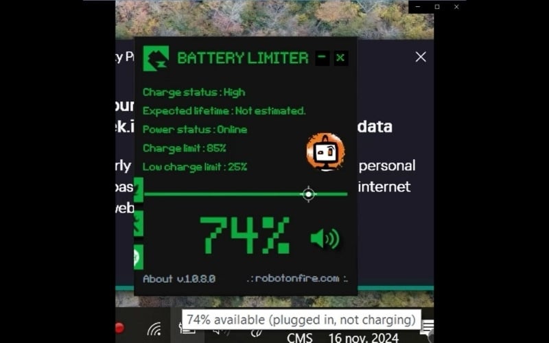 Dùng phần mềm Battery Limiter để cảnh báo khi đạt 80