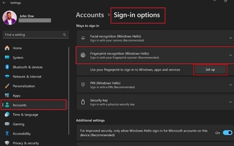 Chọn Set up tại mục&nbsp;Fingerprint recognition