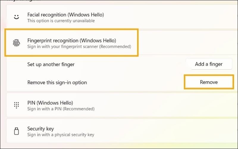 Chọn Remove nếu bạn muốn xóa dữ liệu vân tay đã cài đặt